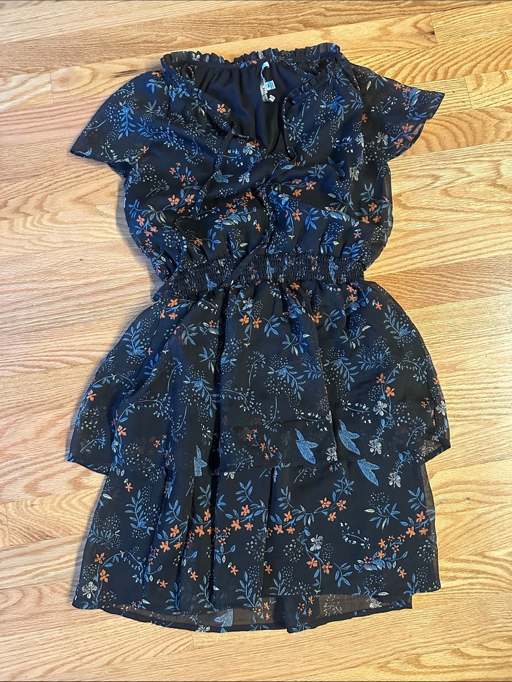 Collective Concepts Black Mini Dress with Blue & Orange Floral Print